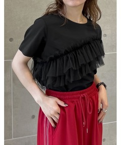 シャツ/ブラウス(半袖/袖なし) AMERI BLACK TULLE HEM RAFFLE TOP セール】BLACK TULLE HEM RAFFLE TOP（シャツ/ブラウス）｜Ameri