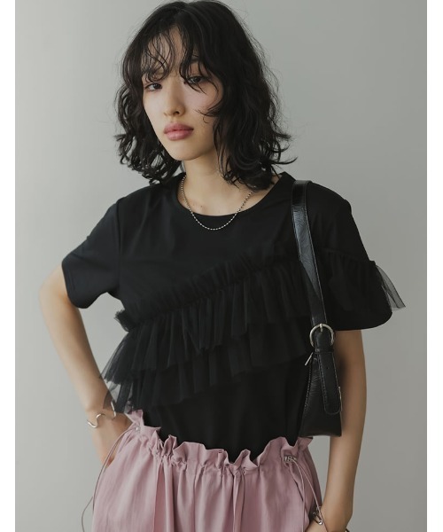 Re:EDIT（リエディ）の「[2024 SUMMER COLLECTION][接触冷感]チュールアシンメトリーデザインＴシャツ（Tシャツ/カットソー・レディース・ブラック/ホワイト・MEDIUM/LARGE）」の14枚目の写真