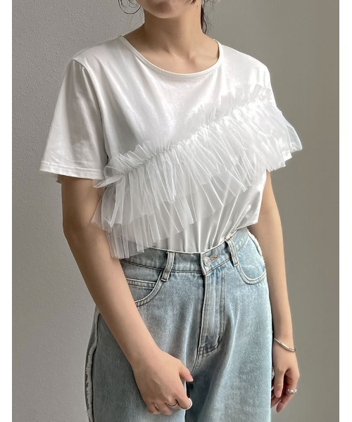 Re:EDIT（リエディ）の「[2024 SUMMER COLLECTION][接触冷感]チュールアシンメトリーデザインＴシャツ（Tシャツ/カットソー・レディース・ブラック/ホワイト・MEDIUM/LARGE）」の10枚目の写真