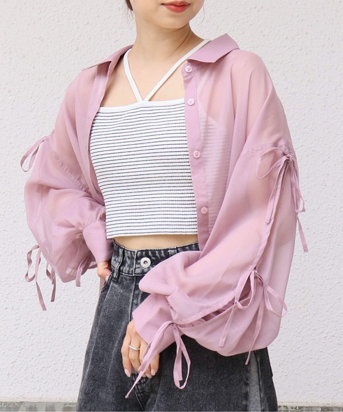 tiptop（ティップトップ）の「袖リボンシアーシャツ（シャツ/ブラウス・レディース・オフホワイト/ピンク/ブルー/イエロー・FREE）」の4枚目の写真