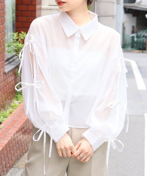 tiptop（ティップトップ）の「袖リボンシアーシャツ（シャツ/ブラウス・レディース・オフホワイト/ピンク/ブルー/イエロー・FREE）」の8枚目の写真