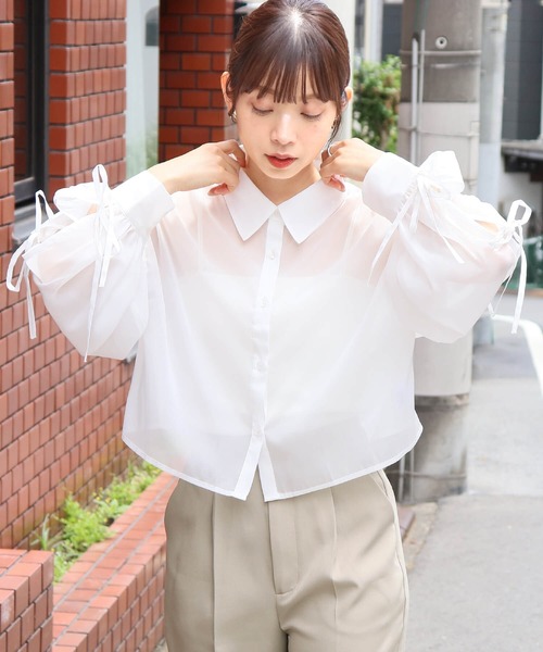 tiptop（ティップトップ）の「袖リボンシアーシャツ（シャツ/ブラウス・レディース・オフホワイト/ピンク/ブルー/イエロー・FREE）」の6枚目の写真