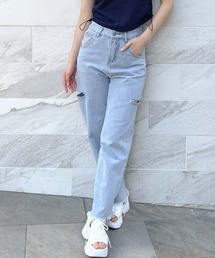 《サイドカット×ダメージ加工》レディース デニムパンツ ストレート ヴィンテージ風 春夏秋