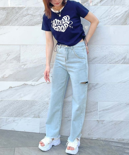 GORGE(ゴージ)の「《サイドカット×ダメージ加工》レディース デニムパンツ ストレート ヴィンテージ風 春夏秋(デニムパンツ・レディース・ライトブルー/ブルー・S/M)」の4枚目の写真