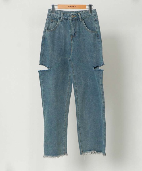 GORGE(ゴージ)の「《サイドカット×ダメージ加工》レディース デニムパンツ ストレート ヴィンテージ風 春夏秋(デニムパンツ・レディース・ライトブルー/ブルー・S/M)」の10枚目の写真