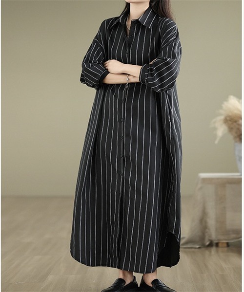 Dream garden（ドリームガーデン）の「ストライプ シャツワンピース（シャツワンピース・レディース・アイボリー/ブラック・L/XL/2XL/3XL/4XL/M）」の11枚目の写真