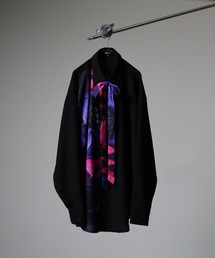 Asymmetric print long sleeve shirt with ribbon / リボン付きアシンメトリープリント長袖シャツ unisex