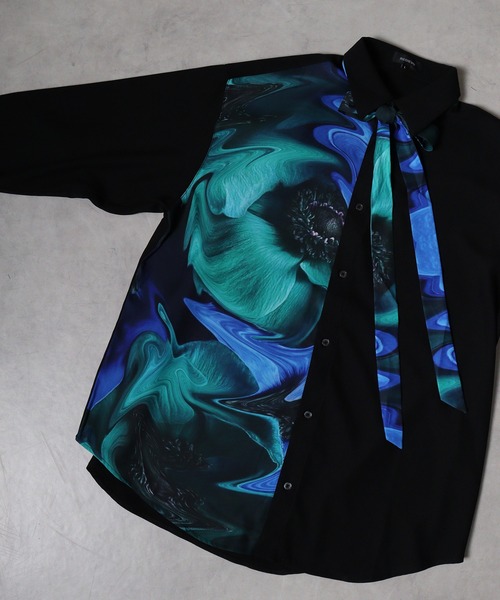 REGIEVO(レジエボ)の「Asymmetric print long sleeve shirt with ribbon / リボン付きアシンメトリープリント長袖シャツ unisex(シャツ/ブラウス・メンズ・グリーン/パープル・M/L)」の4枚目の写真
