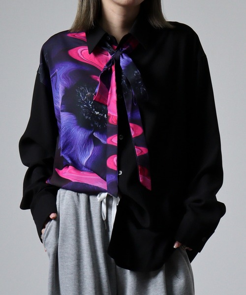 REGIEVO(レジエボ)の「Asymmetric print long sleeve shirt with ribbon / リボン付きアシンメトリープリント長袖シャツ unisex(シャツ/ブラウス・メンズ・グリーン/パープル・M/L)」の10枚目の写真