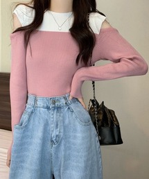 肩あきニットトップス バイカラー大人秋服