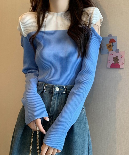 Miniministore(ミニミニストア)の「肩あきニットトップス バイカラー大人秋服(ニット/セーター・レディース・ピンク/ブルー/ブラック・FREE)」の3枚目の写真