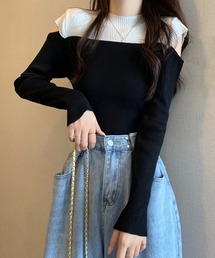 肩あきニットトップス バイカラー大人秋服