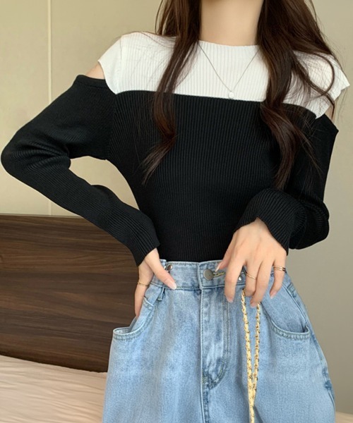 Miniministore(ミニミニストア)の「肩あきニットトップス バイカラー大人秋服(ニット/セーター・レディース・ピンク/ブルー/ブラック・FREE)」の4枚目の写真