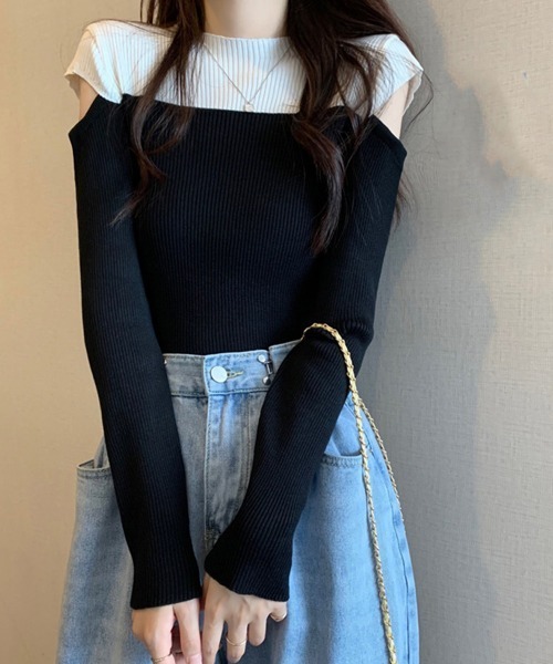 Miniministore(ミニミニストア)の「肩あきニットトップス バイカラー大人秋服(ニット/セーター・レディース・ピンク/ブルー/ブラック・FREE)」の5枚目の写真
