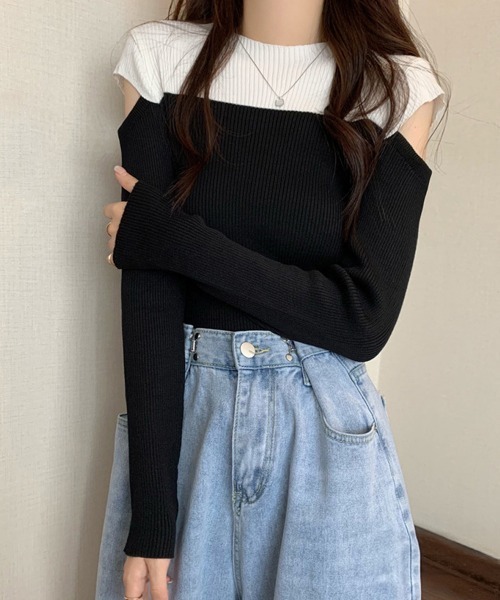 Miniministore(ミニミニストア)の「肩あきニットトップス バイカラー大人秋服(ニット/セーター・レディース・ピンク/ブルー/ブラック・FREE)」の6枚目の写真