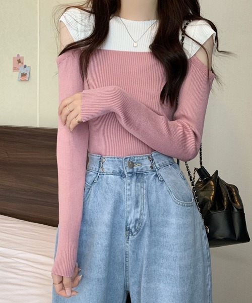 Miniministore(ミニミニストア)の「肩あきニットトップス バイカラー大人秋服(ニット/セーター・レディース・ピンク/ブルー/ブラック・FREE)」の7枚目の写真