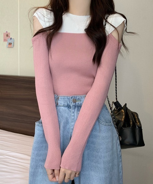 Miniministore(ミニミニストア)の「肩あきニットトップス バイカラー大人秋服(ニット/セーター・レディース・ピンク/ブルー/ブラック・FREE)」の8枚目の写真