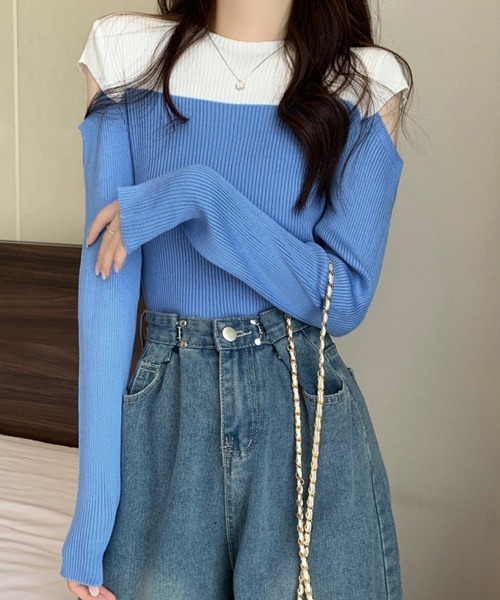 Miniministore(ミニミニストア)の「肩あきニットトップス バイカラー大人秋服(ニット/セーター・レディース・ピンク/ブルー/ブラック・FREE)」の10枚目の写真