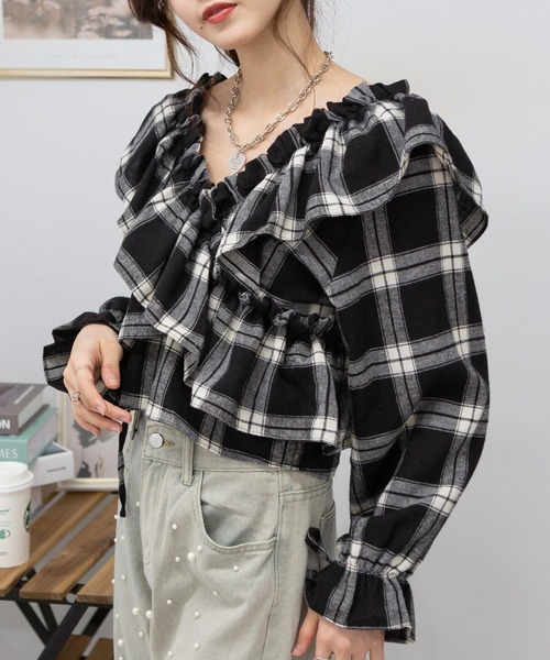 pumpkin port（パンプキンポート）の「2WAYダブルクロスフリル チェック柄 ショート丈 ブラウス（シャツ/ブラウス・レディース・ブラック/ブラウン/アイボリー・M）」の21枚目の写真