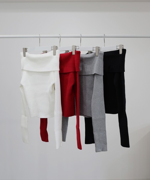 リブニットワイドオフショルショート丈長袖トップス（ニット