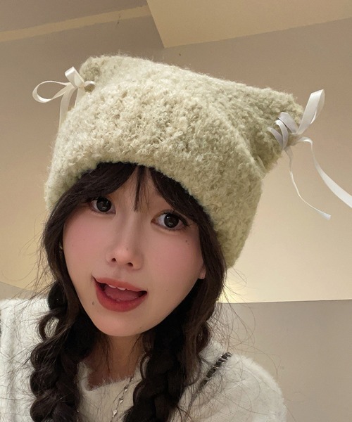 Nia(ニア)/レースアップリボン 猫耳ビーニー スクエアニット帽（ニット