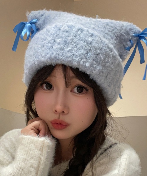 Nia(ニア)/レースアップリボン 猫耳ビーニー スクエアニット帽（ニット