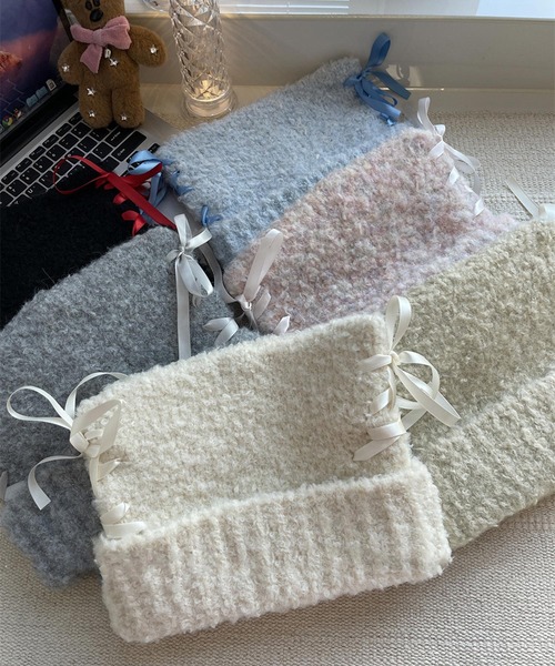 Nia(ニア)/レースアップリボン 猫耳ビーニー スクエアニット帽（ニット