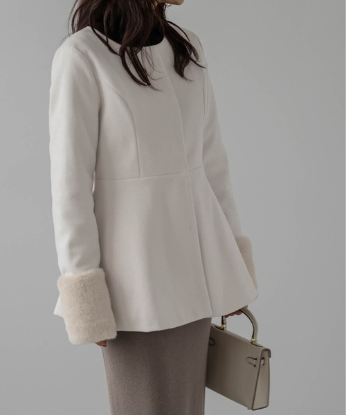 SUGAR BISKET（シュガービスケット）の「エコファー 2wayペプラムコート（ノーカラーコート・レディース・オフホワイト/グレー/ブラウン/ブラック/オートミール・L/M）」の9枚目の写真