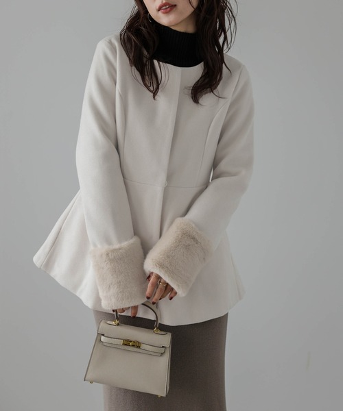 SUGAR BISKET（シュガービスケット）の「エコファー 2wayペプラムコート（ノーカラーコート・レディース・オフホワイト/グレー/ブラウン/ブラック/オートミール・L/M）」の7枚目の写真