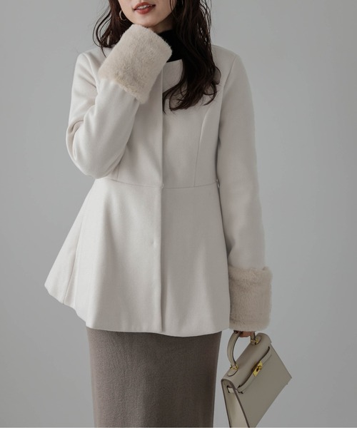 SUGAR BISKET（シュガービスケット）の「エコファー 2wayペプラムコート（ノーカラーコート・レディース・オフホワイト/グレー/ブラウン/ブラック/オートミール・L/M）」の6枚目の写真