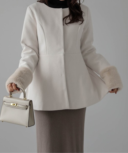 SUGAR BISKET（シュガービスケット）の「エコファー 2wayペプラムコート（ノーカラーコート・レディース・オフホワイト/グレー/ブラウン/ブラック/オートミール・L/M）」の11枚目の写真