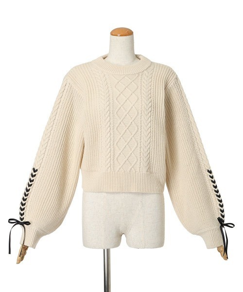 F i.n.t(フィント)の「袖リボンレースアップケーブルニットプルオーバー/fint(ニット/セーター・レディース・オフホワイト/ブルーグレー/ライトピンク・FREE)」の13枚目の写真