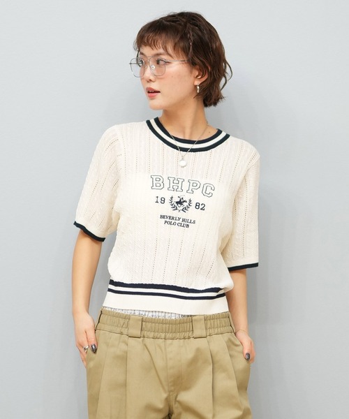 ムラサキスポーツ（ムラサキスポーツ）の「BEVERY HILLS P.C/ビバリーヒルズポロクラブ ケーブルニットTシャツ 5287-5750（Tシャツ/カットソー・レディース・ホワイト/ネイビー・M）」の2枚目の写真