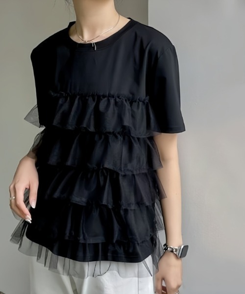 deux amour（ドゥーザムール）の「シフォンティアード半袖Tシャツ（Tシャツ/カットソー・レディース・ブラック/ホワイト・FREE）」の2枚目の写真