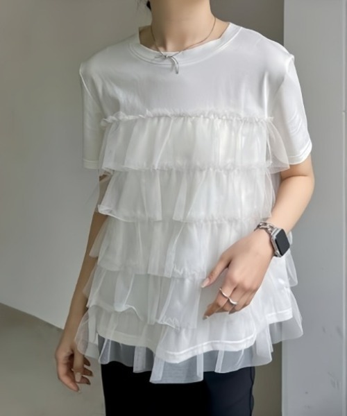 deux amour（ドゥーザムール）の「シフォンティアード半袖Tシャツ（Tシャツ/カットソー・レディース・ブラック/ホワイト・FREE）」の4枚目の写真