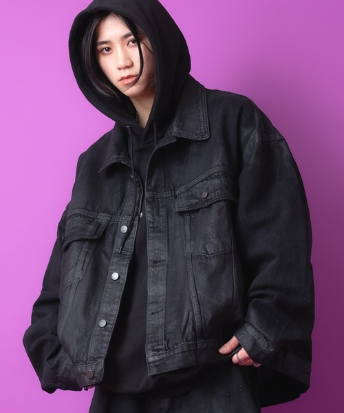 セール】a.p.o.v. ダメージコーティングブラックデニムジャケット