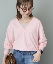 $ AMERICANDREAMS ピンク Vネック セーター Vネックセーター パステルピンク 編み襟模様 無地カラー