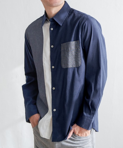 ikka(イッカ)の「ブロックスパイピング切り替えシャツ(シャツ/ブラウス・メンズ・ネイビー/ホワイト・M/L/XL/S)」の2枚目の写真