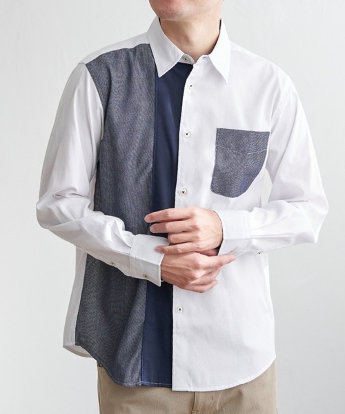 ikka(イッカ)の「ブロックスパイピング切り替えシャツ(シャツ/ブラウス・メンズ・ネイビー/ホワイト・M/L/XL/S)」の1枚目の写真