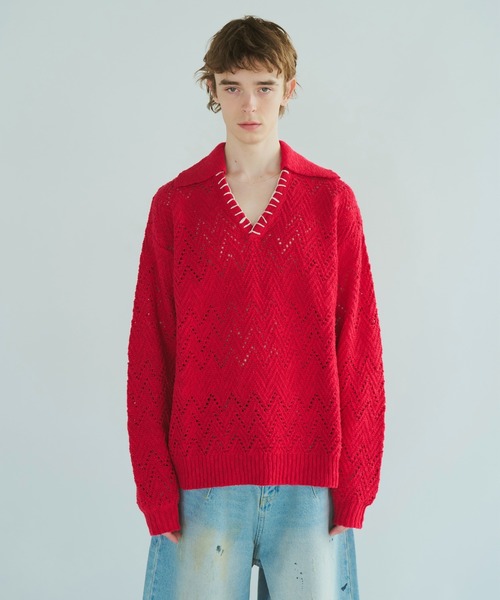 CAMPHOR WOOD(カンファーウッド)の「skipper stitching l/s knit shirt / 透かし網みスキッパーL/Sニットニットシャツ(ニット/セーター・メンズ・ライトブルー/ピンク/サンドベージュ・SMALL/MEDIUM/LARGE)」の3枚目の写真