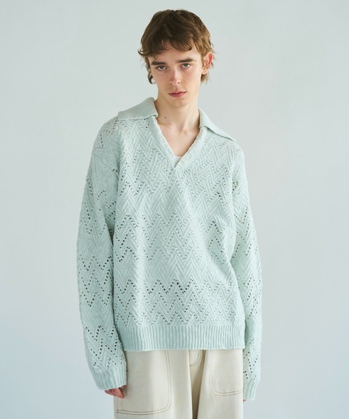 skipper stitching l/s knit shirt / 透かし網みスキッパーL/Sニット