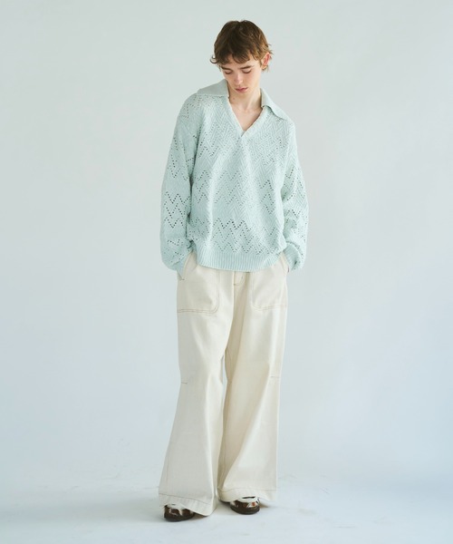 セール】skipper stitching l/s knit shirt / 透かし網みスキッパーL/S