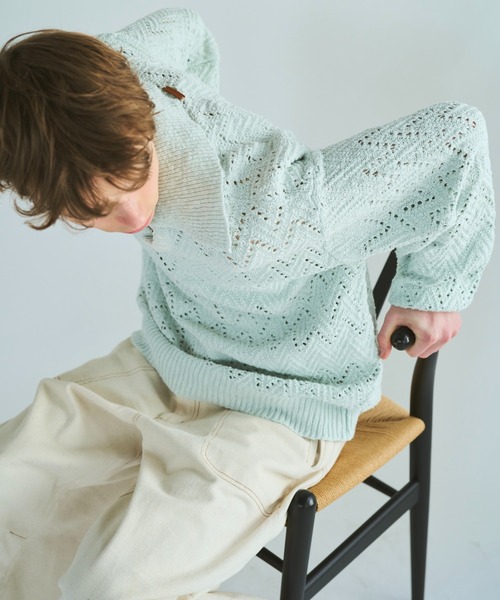 セール】skipper stitching l/s knit shirt / 透かし網みスキッパーL/S