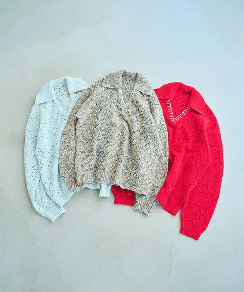 CAMPHOR WOOD(カンファーウッド)の「skipper stitching l/s knit shirt / 透かし網みスキッパーL/Sニットニットシャツ(ニット/セーター・メンズ・ライトブルー/ピンク/サンドベージュ・SMALL/MEDIUM/LARGE)」の4枚目の写真