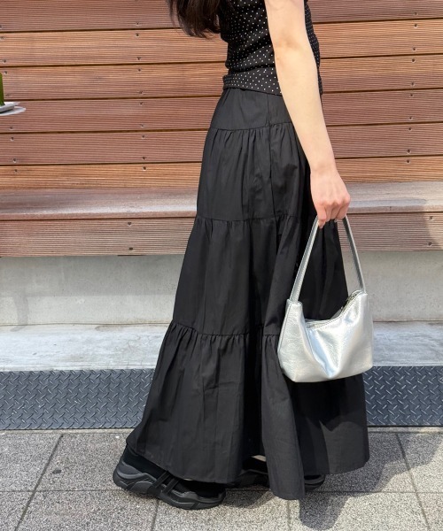 【再入荷】素敵 ブラックフンワリ リボン ロングスカート プチリボンフリルロングスカート/2025 SS COLLECTION（スカート