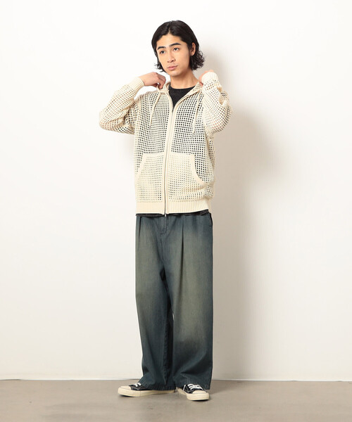 Purple&Yellow(パープルアンドイエロー)の「メッシュニットジップパーカ(パーカー・メンズ・ブラック/キナリ・SMALL/LARGE/MEDIUM)」の11枚目の写真