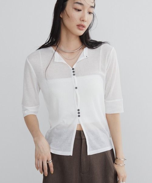 フロントホール釦シアーカットソー/トップス（Tシャツ