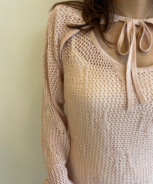 HONEY MI HONEY(ハニーミーハニー)の「logo jacquard ribbon bolero(カーディガン/ボレロ・レディース・ベージュ/ピンク/サックスブルー/ブラック・FREE)」の6枚目の写真