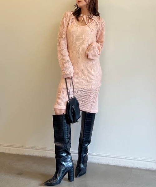 HONEY MI HONEY(ハニーミーハニー)の「logo jacquard ribbon bolero(カーディガン/ボレロ・レディース・ベージュ/ピンク/サックスブルー/ブラック・FREE)」の10枚目の写真