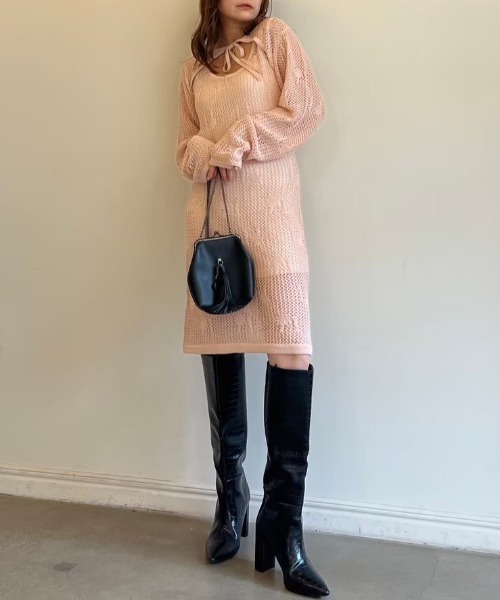 HONEY MI HONEY(ハニーミーハニー)の「logo jacquard ribbon bolero(カーディガン/ボレロ・レディース・ベージュ/ピンク/サックスブルー/ブラック・FREE)」の9枚目の写真